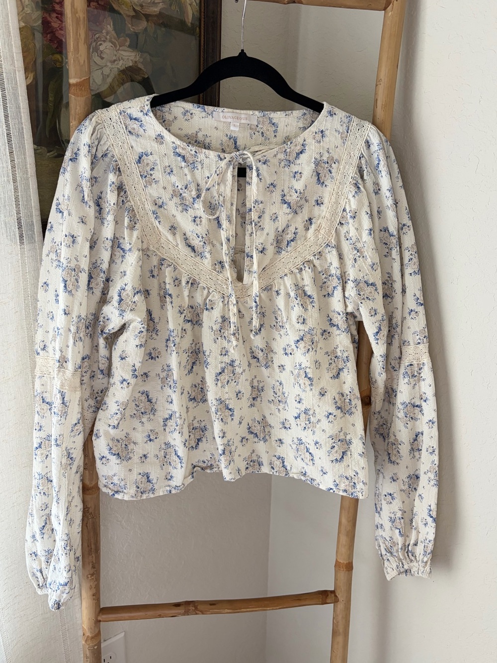 Olivaceus Cream and Blue Floral Tie-Neck Peasant Top